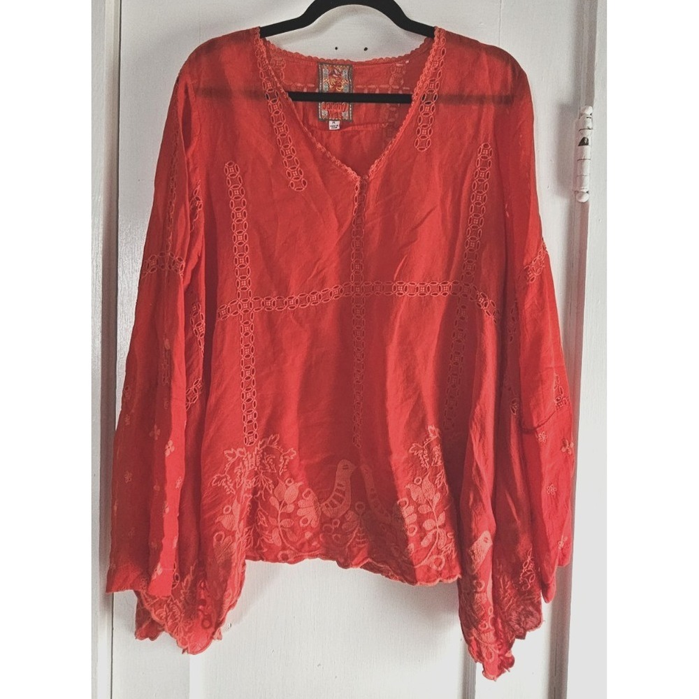 JOHNNY WAS red eyelet floral embroidered blouse Cupra rayon V neck Tunic top PL
